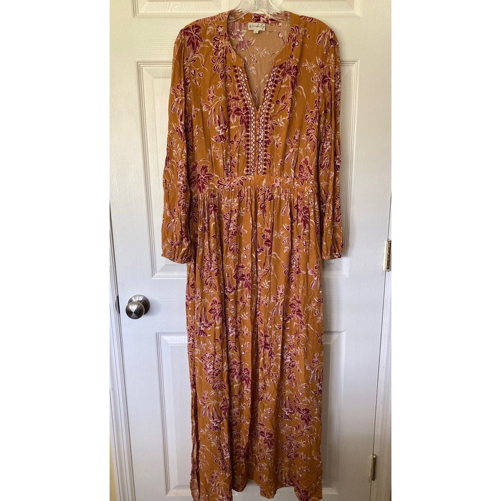Wonderly Mustard Floral Flowy Maxi Dress Large LS Boho Peasant Cottagecore